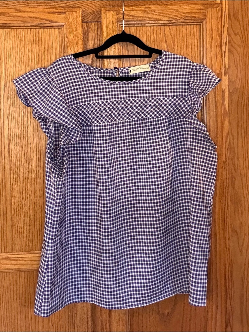 Belle Pogue XL Purple Gingham Flutter Sleeve Blouse Cottagecore Preppy Top